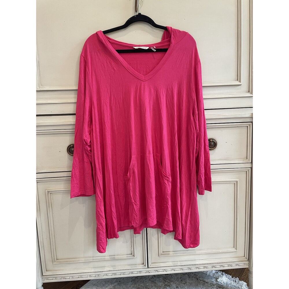 Soft‎ Surroundings Hot Pink V Neck Hoodie Pullover Pockets Soft Stretch Plus 3X